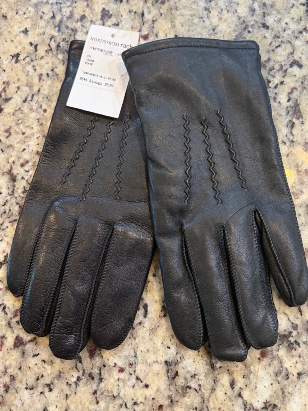 Men's Black Leather Gloves with Zigzag Stitch Detail with Cashmere/Wool Lining